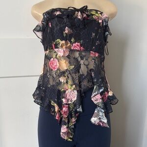 Urban Outfitters Black Floral Lace Asymmetric Ruffle top